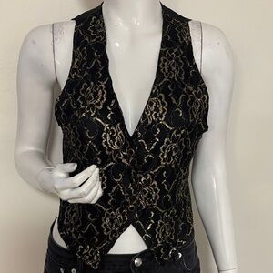 Vintage 1980s Stoplight California Black & Gold Lace Cropped Vest Top Holiday